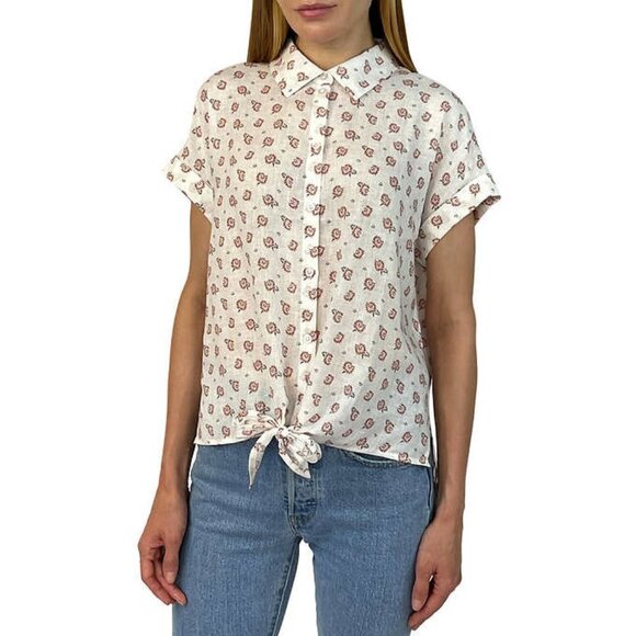 NEW Jachs Girlfriend Linen Blend Tie-Front Shirt | pINK - Picture 2 of 7